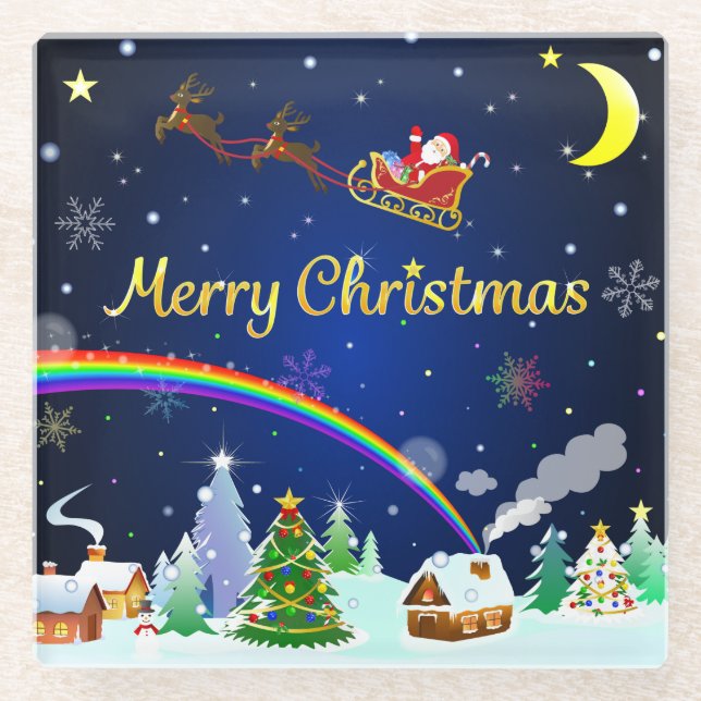 Posavasos De Vidrio Volando Santa Claus con luna creciente (Anverso)