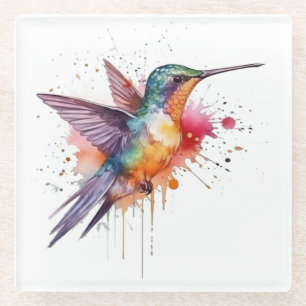Posavasos De Vidrio Vuelo colorido, colibrí acuarela