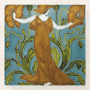 Posavasos De Vidrio Walter Crane Art Nouveau Doncella Amapola Naranja