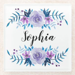Posavasos De Vidrio Watercolor Azul Púrpura Floral Wreath Personalizad