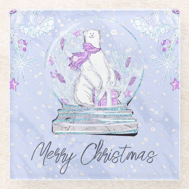 Posavasos De Vidrio Watercolor Cute Invierno Polar Bear Globe (Anverso)