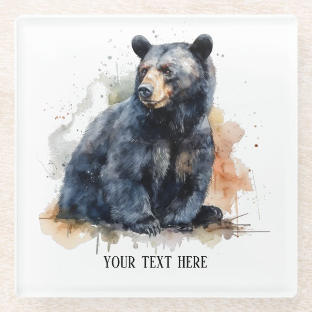 Posavasos De Vidrio Watercolor Oso Negro Woodland Art, personalizado (Anverso)