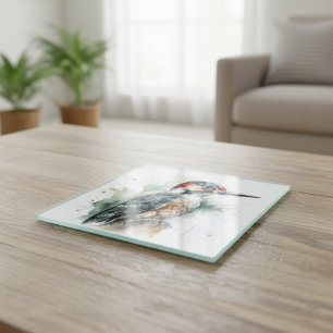 Posavasos De Vidrio Watercolor Woodland Woodpecker