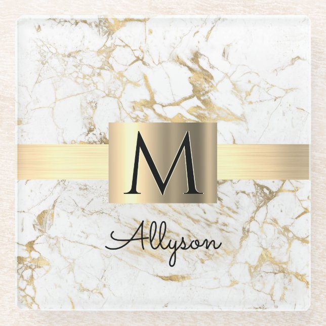 Posavasos De Vidrio Wh & Gold Marble Gold Gold Box, DIY Black Name Mon (Anverso)