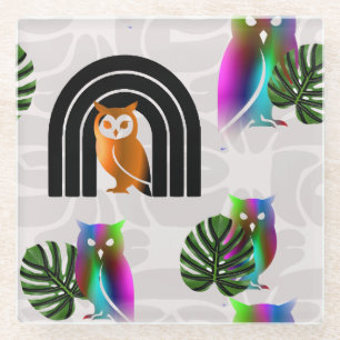 Posavasos De Vidrio Whimsical Boho Owl & Tropical Monstera Leaf