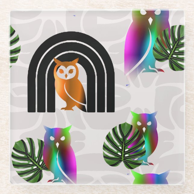 Posavasos De Vidrio Whimsical Boho Owl & Tropical Monstera Leaf (Anverso)