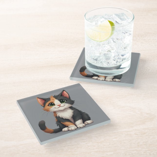 Posavasos De Vidrio Whimsical Calico Kitten con Cattitude (Angular)
