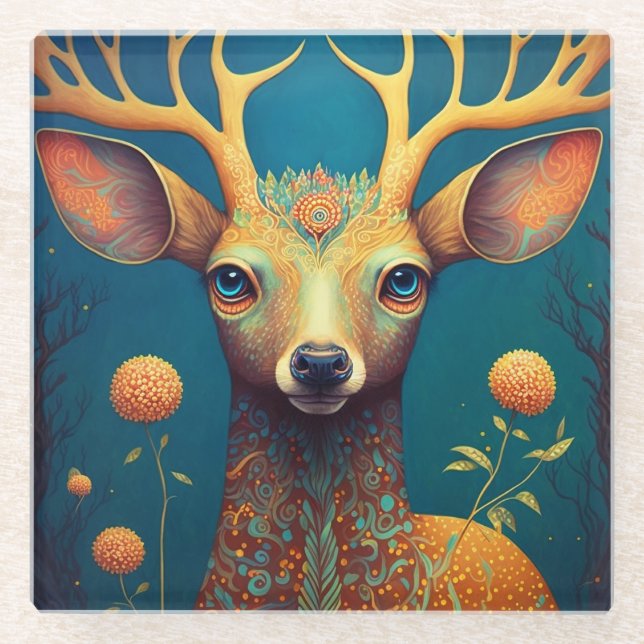 Posavasos De Vidrio Whimsical Deer Fantasy Art (Anverso)