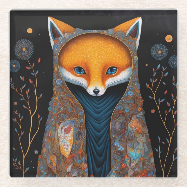 Posavasos De Vidrio Whimsical Fox Woodland Fantasy Art Glass (Anverso)