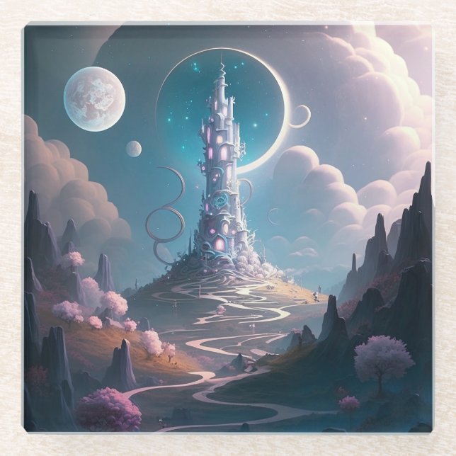 Posavasos De Vidrio Whimsical Tower Paisaje Fantasía Arte (Anverso)