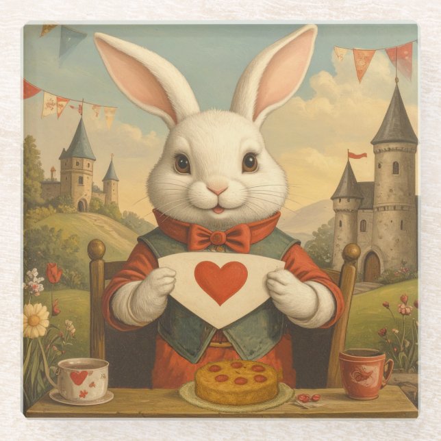 Posavasos De Vidrio Whimsical White Rabbit Hearts Enchanted Wonderland (Anverso)