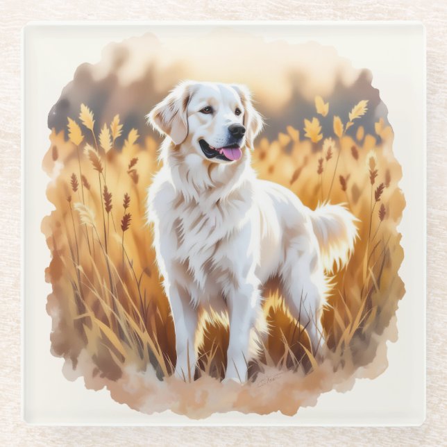 Posavasos De Vidrio White Golden Retriever Dog (Anverso)