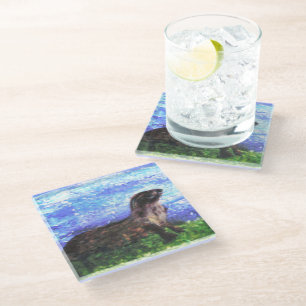 Posavasos De Vidrio Wildlife Art Sparkly River Otter