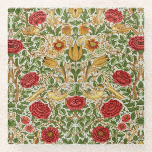 Posavasos De Vidrio William Morris Rosa y Pájaros Chintz Rojo