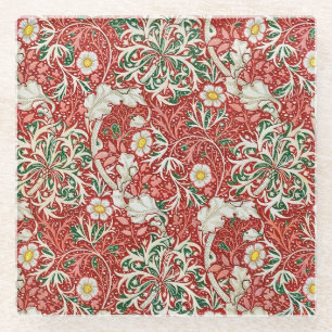 Posavasos De Vidrio William Morris Seaweed Flor antigua Verde Rojo