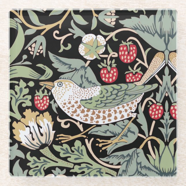 Posavasos De Vidrio William Morris Strawberry Thief I Aves Negras (Anverso)