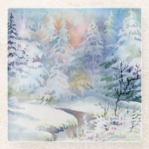 Posavasos De Vidrio Winter Wonderland: Paisaje acuarela