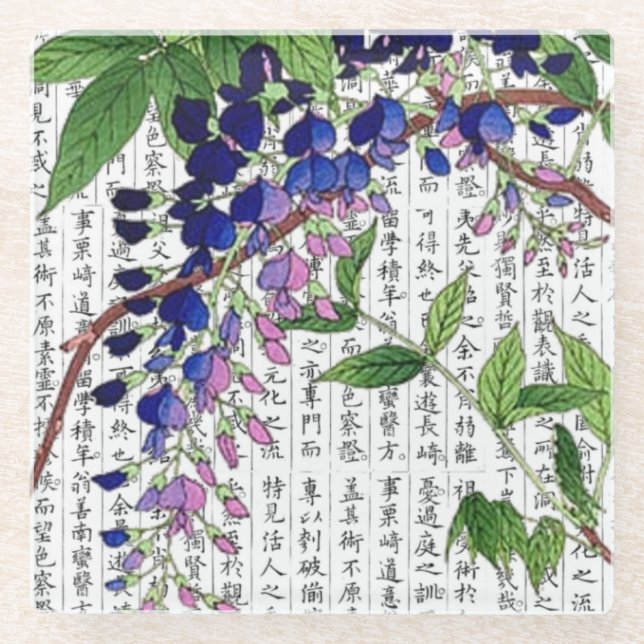 Posavasos De Vidrio Wisteria asiática sobre antecedentes kanji (Anverso)