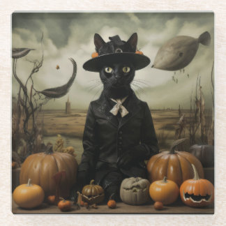 Posavasos De Vidrio Witch Cat with Pumpkins 