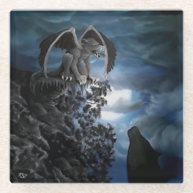 Posavasos De Vidrio Wolf Moon - Wolf con Golem (Anverso)