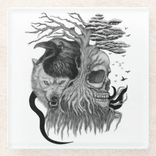 Posavasos De Vidrio Wolf y Raven con el cráneo