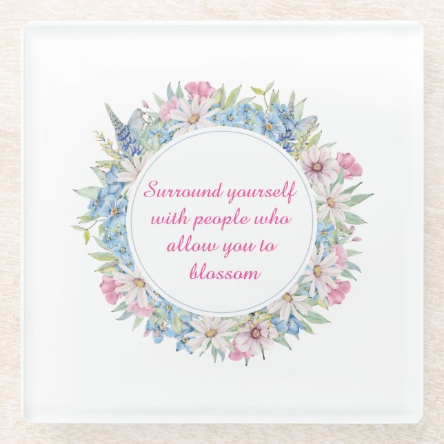 Posavasos De Vidrio Wreath floral azul blanco rosado (Anverso)
