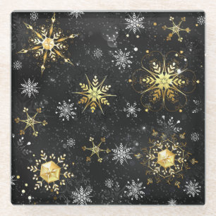 Posavasos De Vidrio Xmas copos de nieve dorados sobre fondo negro