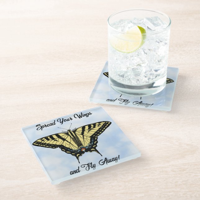 Posavasos De Vidrio Yellow Swallowtail Butterfly Blue Sky Personalized (Angular)