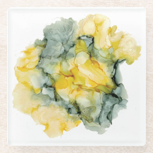 Posavasos De Vidrio Yellow y Green Grey Abstract Coaster (Anverso)