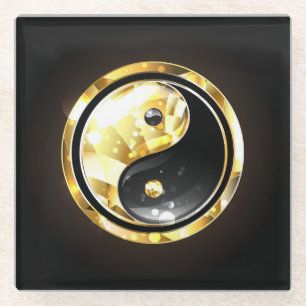 Posavasos De Vidrio Yin Yang de oro sobre negro
