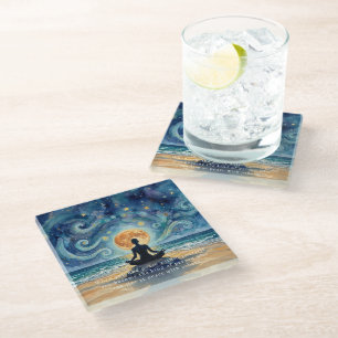 Posavasos De Vidrio Yoga Meditación Estrella Noche Cielo Luna Océano P
