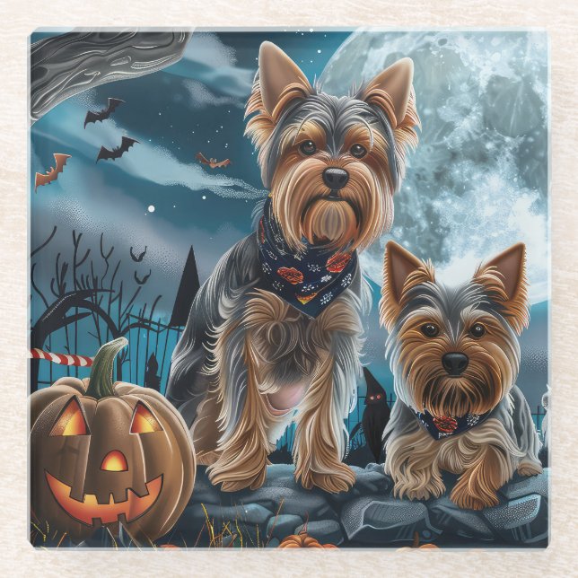 Posavasos De Vidrio Yorkshire Terrier Halloween Spooky (Anverso)