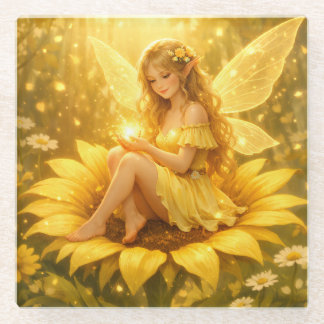 Posavasos De Vidrio Zarte Elfe auf einer Sonnenblume
