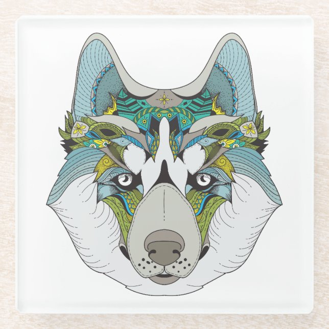 Posavasos De Vidrio Zenart estampado Husky Dog Blue Husky Face (Anverso)