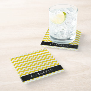 Posavasos De Vidrio Zigzag Amarillo, Chevron Amarillo, Tu Nombre