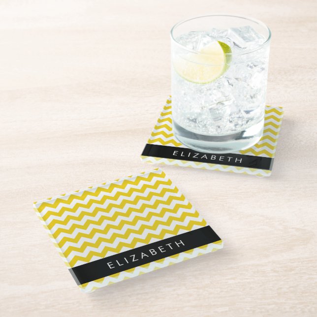 Posavasos De Vidrio Zigzag Amarillo, Chevron Amarillo, Tu Nombre (Angular)