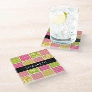 Posavasos De Vidrio Zigzag, Chevron, Polka Dots, Gingham, Su Nombre