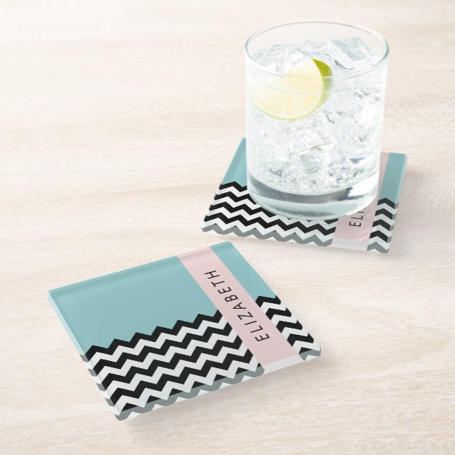 Posavasos De Vidrio Zigzag negro y blanco, chevron, azul, tu nombre (Angular)
