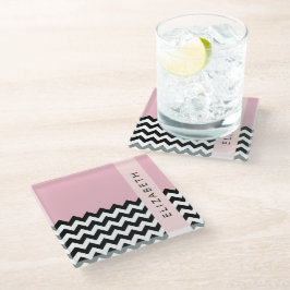 Posavasos De Vidrio Zigzag negro y blanco, chevron, rosado, tu nombre