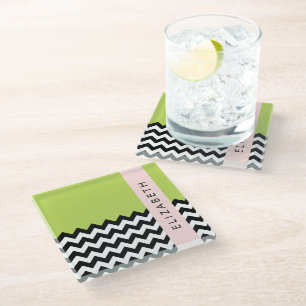 Posavasos De Vidrio Zigzag negro y blanco, chevron, verde, tu nombre