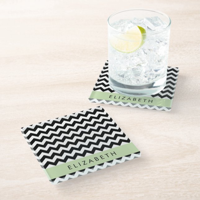 Posavasos De Vidrio Zigzag negro y blanco, patrón de cheurón, nombre (Angular)