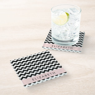 Posavasos De Vidrio Zigzag negro y blanco, patrón de cheurón, nombre