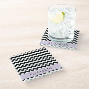 Posavasos De Vidrio Zigzag negro y blanco, patrón de cheurón, nombre