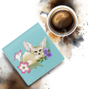Posavasos De Vidrio Zorro Fennec Flores Rosadas Purpura Lindas Botánic