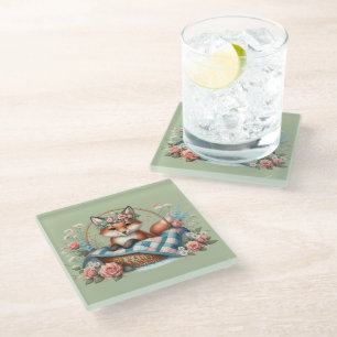 Posavasos De Vidrio Zorro Floral en Canasta con Colcha y Flores