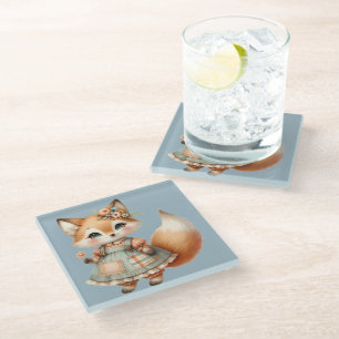 Posavasos De Vidrio Zorro floral pastel caprichoso Cottagecore