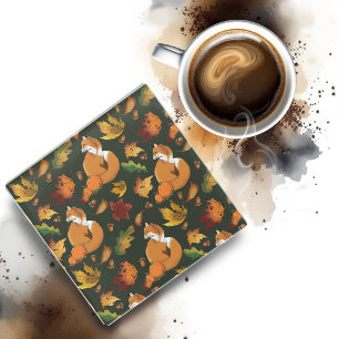 Posavasos De Vidrio Zorro Rojo Hojas de Otoño Bellotas Patrón Verde