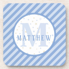 Posavasos Decoración de guardería azul y blanco. Inicial