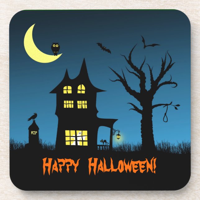 Posavasos Decorativo de Halloween en casa embrujada con fant (Frente)