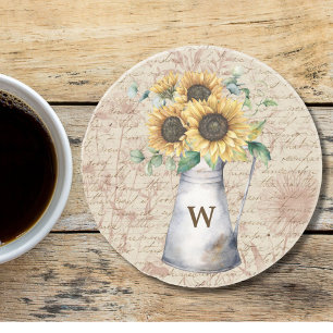 Posavasos Decoupage de letra vintage de girasol rústico con
